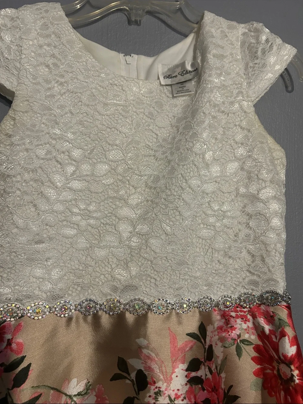 Rare Editions White Lace Bodice Gold Floral High-Low Dress